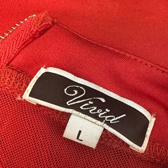 Vivid Women's Red Fringe Western Long Sleeve Top Size L Sheer Bodice and Sleeves - Picture 3 of 8